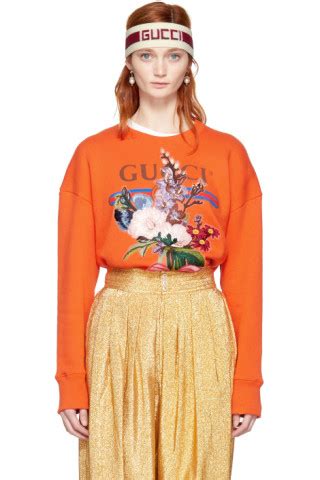 Gucci: Orange Embroidered Floral Logo Sweatshirt 